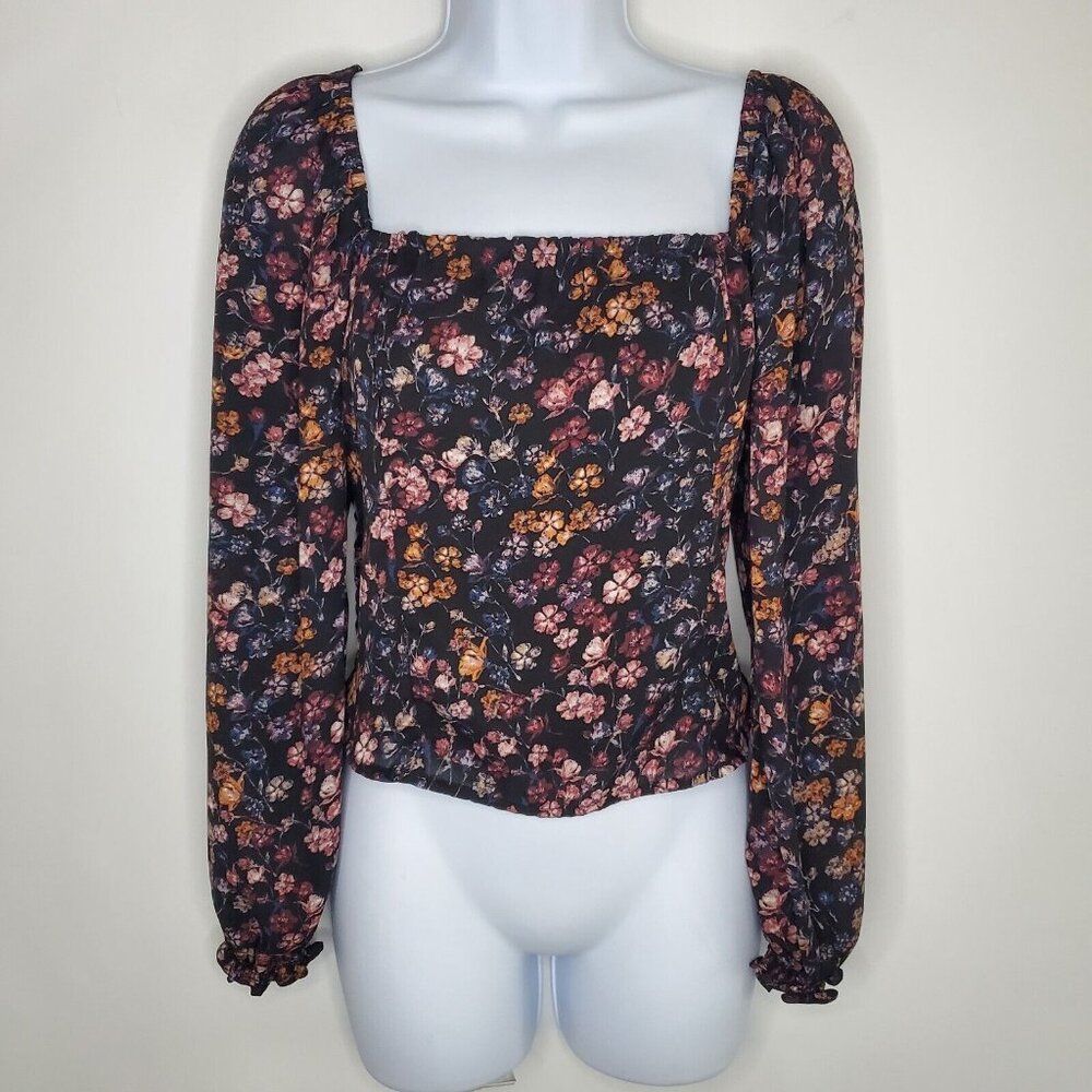 Abercrombie & Fitch Womens Black Floral Square Neck Smocked Peasant Top Size M